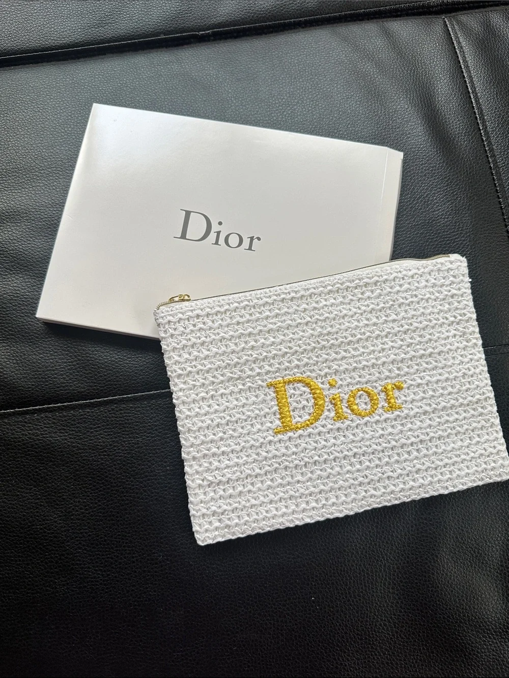 Dior White Crochet Summer Pouch with Gold Embroidered Logo